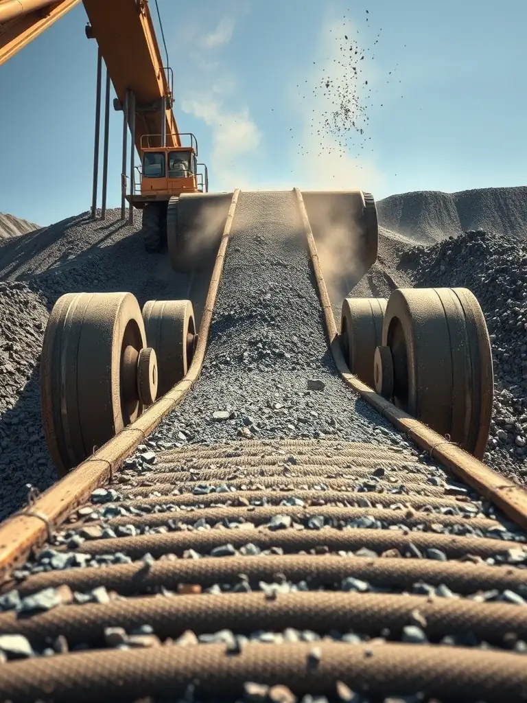 A wide shot of the Heavy Duty Conveyor Belt in action, transporting bulk materials in a landfill, demonstrating its load-bearing capacity and durability.