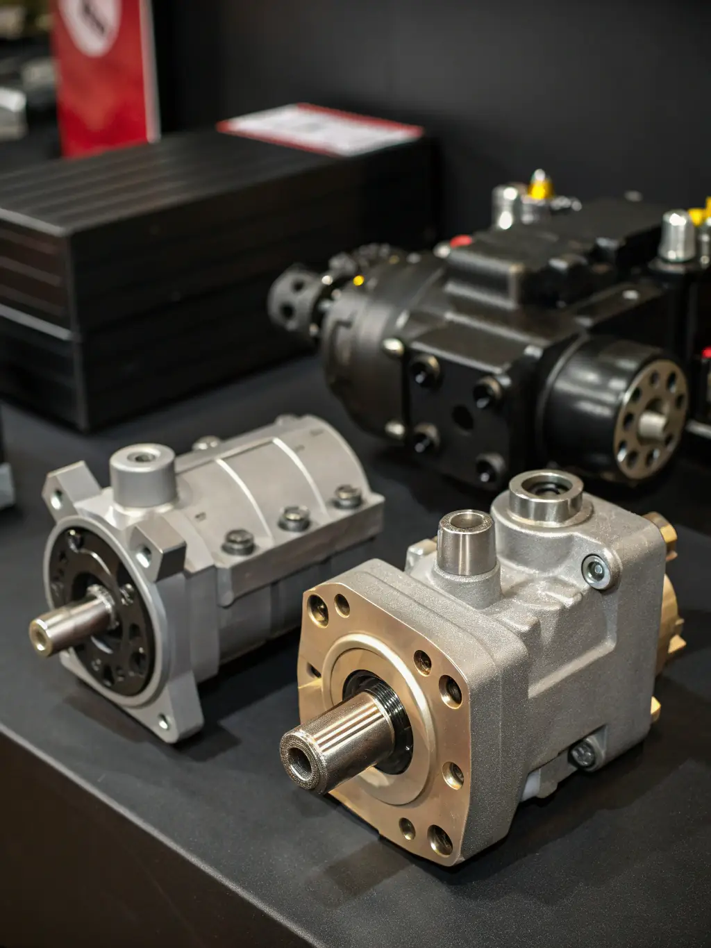 A close-up shot of the Hydraulic Pump Model X, showcasing its robust construction and high-quality materials, set in a manufacturing plant.