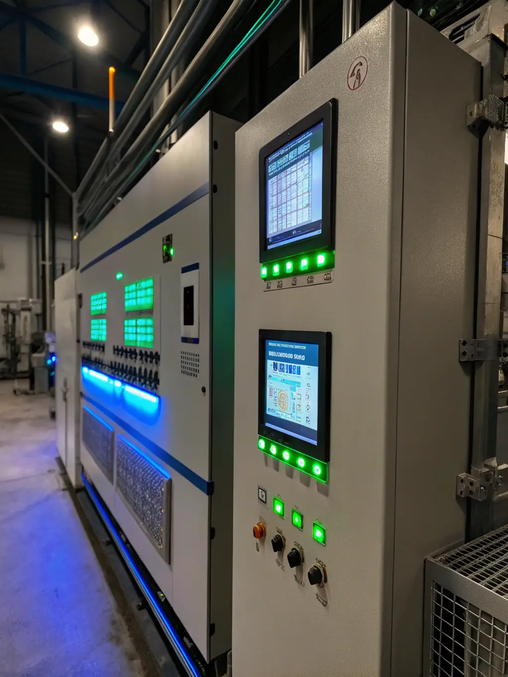 A modern industrial control panel with multiple screens, buttons, and indicator lights, showcasing the Automated Control System's user-friendly interface and advanced features.